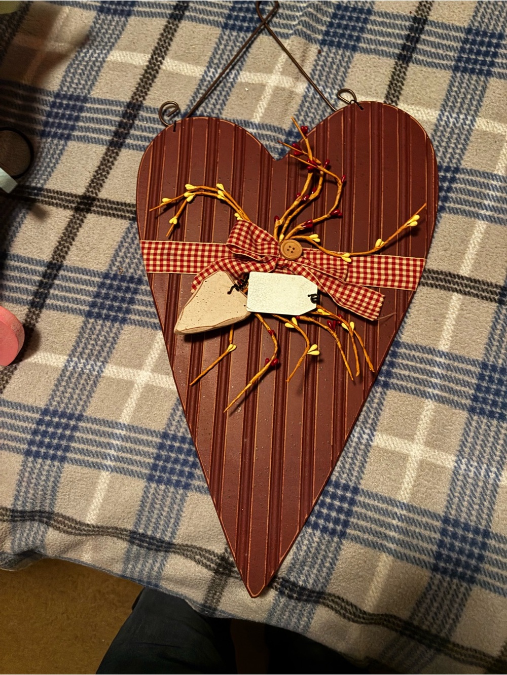 Rust Red Heart Wall Hanging with Gingham Bow